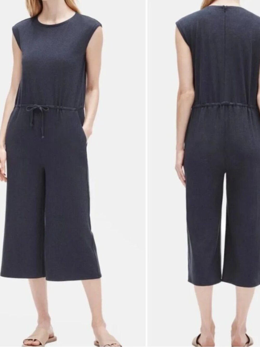 NWT EILEEN FISHER WOMENS SIZE LARGE GREY TENCEL RIB CROPPED JUMPSUIT ZIPPER